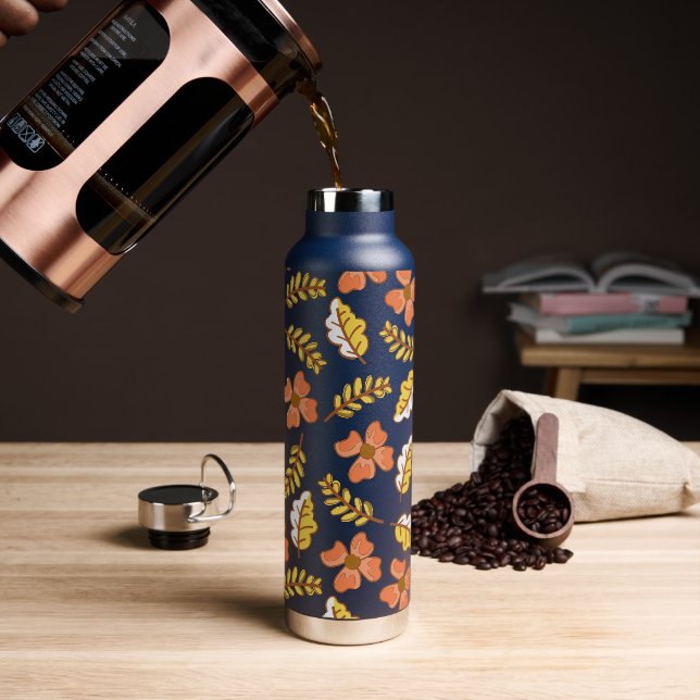 Warm Falling Autumn Leaves with Flowers Water Bottle (Coffee)