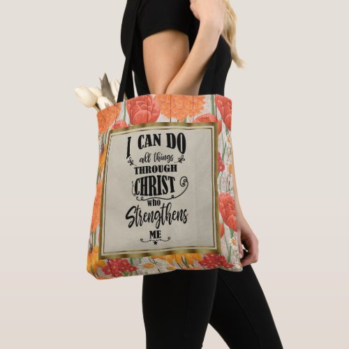 Warm Floral Rustic Wood Christian Bible Verse Tote Bag