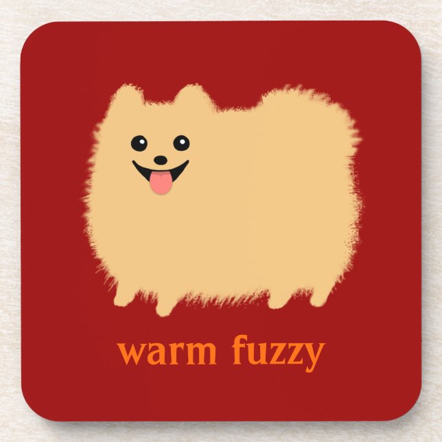 "Warm Fuzzy" Cute Pomeranian with Custom Text Drink Coaster (Front)