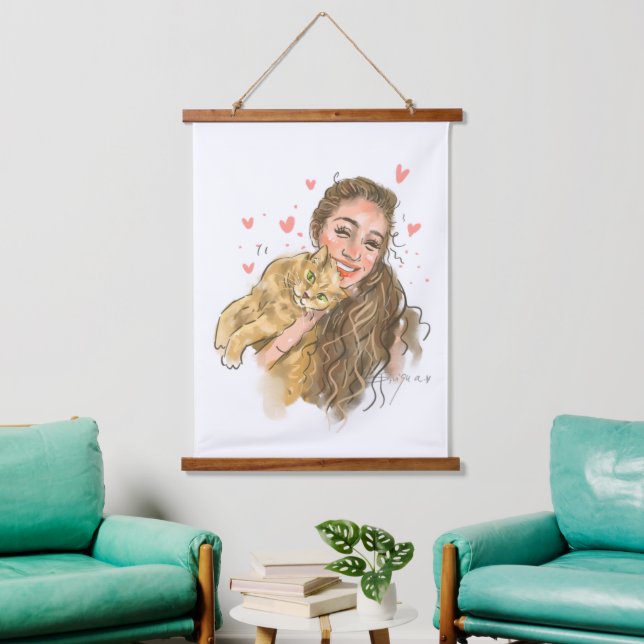 Warm Girl & Cat Illustration Wood - Topped Wall Ta Hanging Tapestry (Living Room)