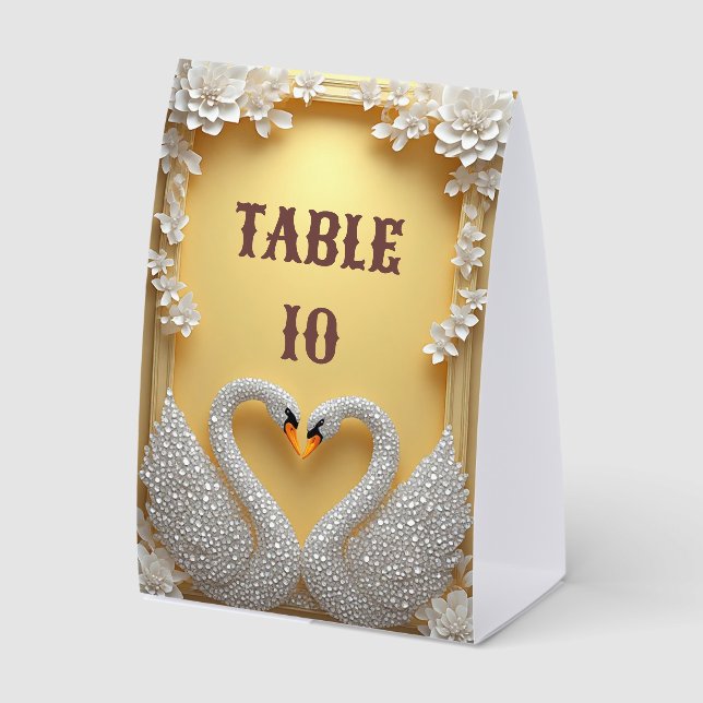 Warm Gold Crystal Swan Couple Theme Paper Table Tent (Front)