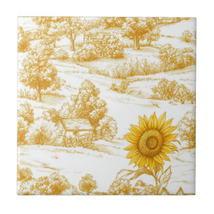Warm Gold Farmhouse Sunflower Toile Pattern Ceramic Tile