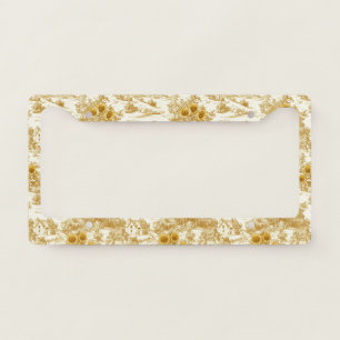 Warm Gold Farmhouse Sunflower Toile Pattern License Plate Frame