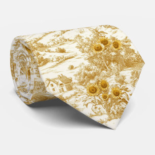 Warm Gold Farmhouse Sunflower Toile Pattern Neck Tie