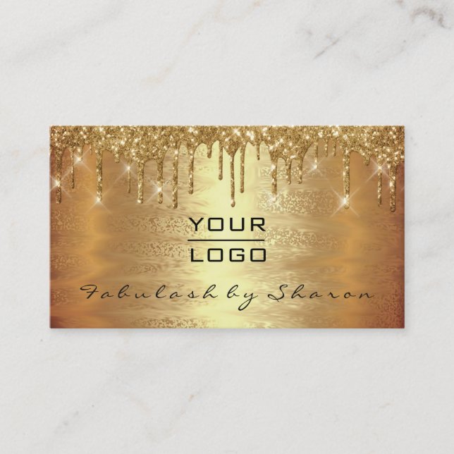 Warm Gold Makeup Artist Lash Drip Spark Logo Business Card (Front)