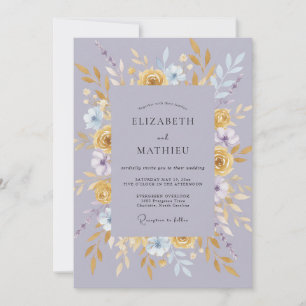 Warm Gold Periwinkle Leafy Wedding Invitation