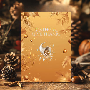 Warm Gold Thanksgiving with Cornucopia & Autumn  Invitation