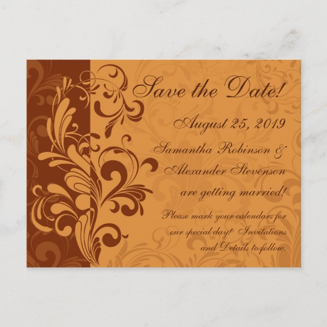 Warm Golden Autumn Swirl Save the Date Announcement Postcard (Front)
