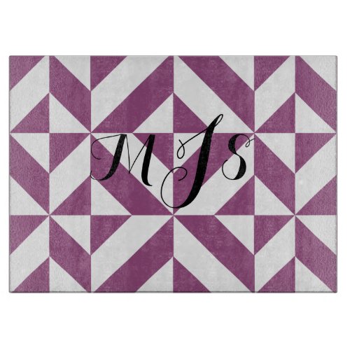 Warm Grape Monogram Geometric Deco Cube Pattern Cutting Board