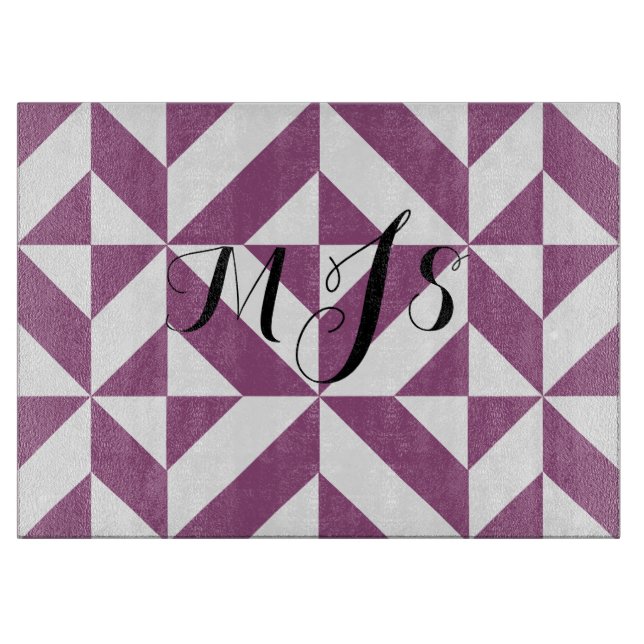Warm Grape Monogram Geometric Deco Cube Pattern Cutting Board (Front)