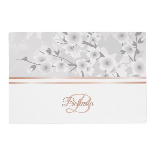 Warm Gray Cherry Blossoms Rose Gold Monogram Placemat