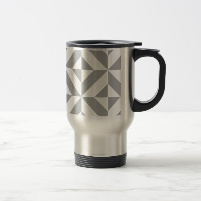 Warm Gray Geometric Deco Cube Pattern Travel Mug (Right)