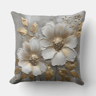 Warm Gray Gold White Modern Rustic Floral Throw Pillow