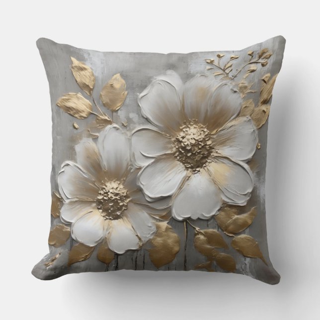 Warm Gray Gold White Modern Rustic Floral Throw Pillow (Front)