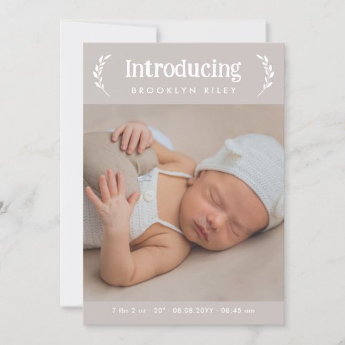 Warm Gray Greenery Introducing New Baby Photo Announcement