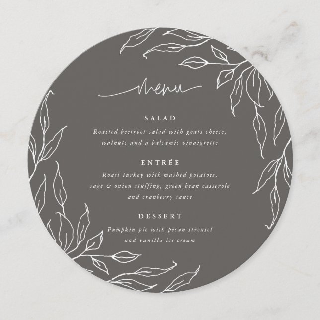 Warm Gray Leaf Motif Thanksgiving Dinner Round Menu (Front)