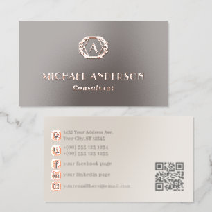 Warm Gray Rose Gold Elegant Art Deco Monogram Foil Business Cards