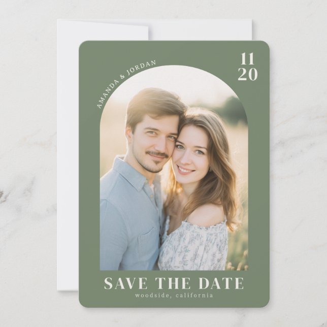 Warm Green Contemporary Photo Save The Date (Front)