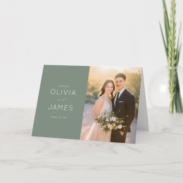 Warm Green Elegant Photo Collage Thank You Card (Front)