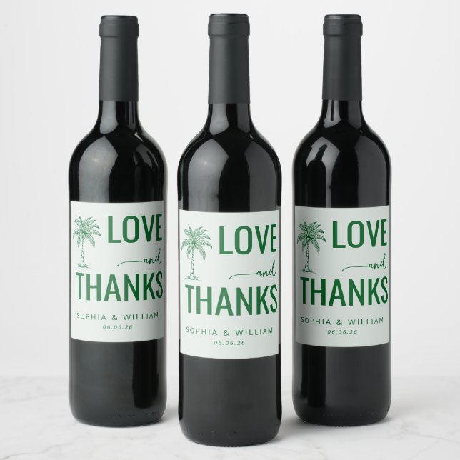 Warm Green Palm Tree Love Thanks Wine Label (Bottles)