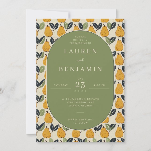 Warm Green Pear Illustration Border Invitation (Front)