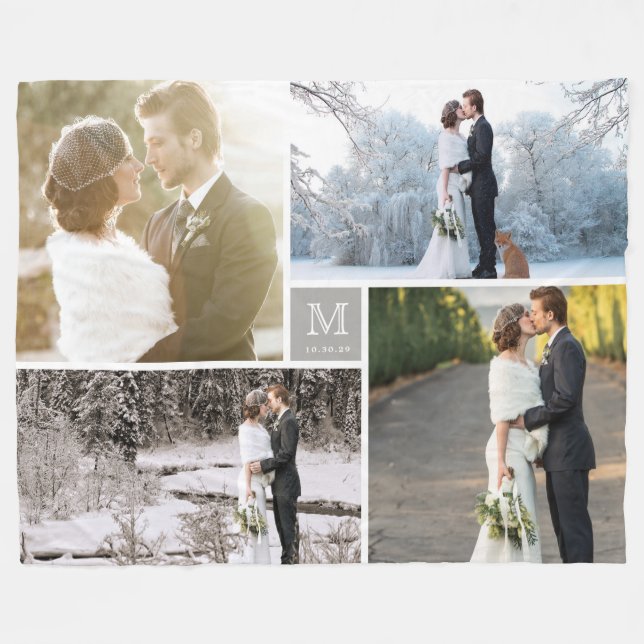 Warm Grey Modern Monogram 4 Photo Collage Wedding Fleece Blanket (Front (Horizontal))