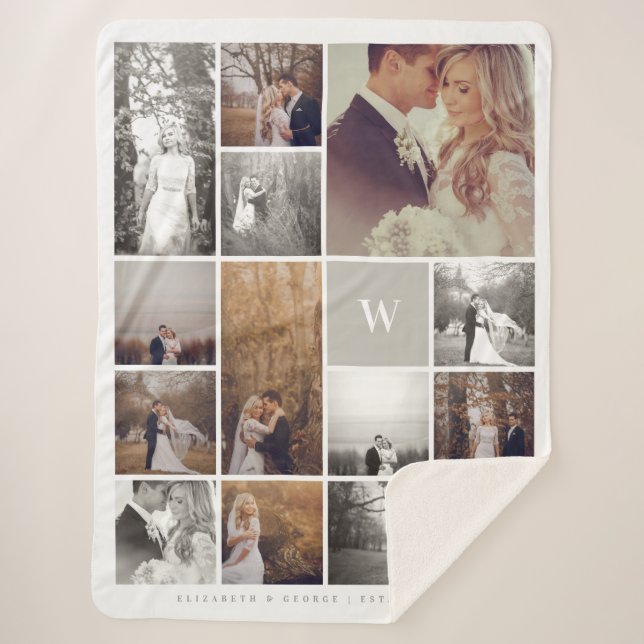 Warm Grey Modern Monogram Minimalist Photo Collage Sherpa Blanket (Front)