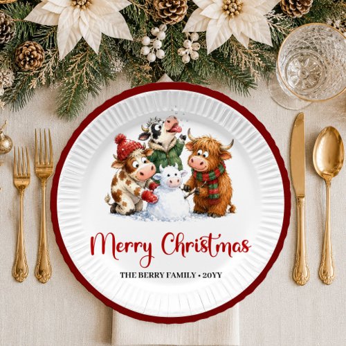 Warm Holiday funny cow watercolor christmas paper  Plates