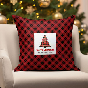 Warm Holiday Plaid Custom Family Name Pillow