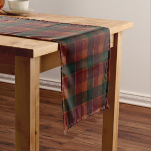 Warm Holiday Plaid Deep Burgundy Forest Green Cozy Short Table Runner