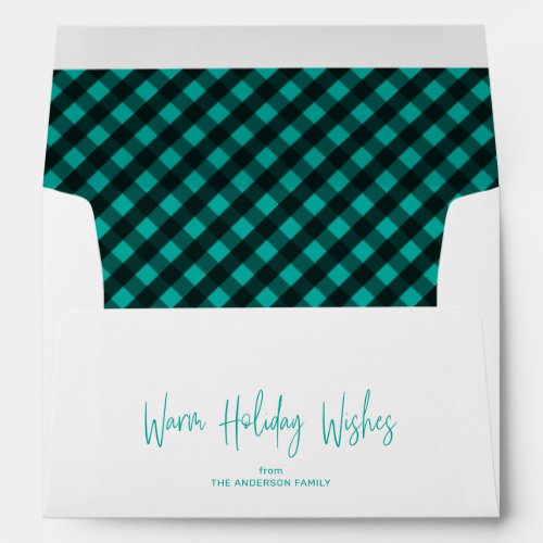 Warm Holiday Wishes 5x7 Teal Buffalo Plaid Envelope