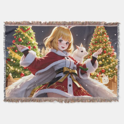 Warm Hugs  Holiday Tugs Anime Rabbit Christmas Throw Blanket