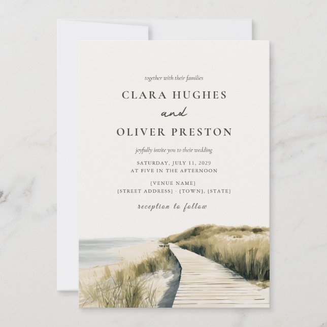 Warm Ivory Sand Ocean Script Cape Cod Wedding  Invitation (Front)