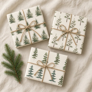 Warm Ivory Watercolor Christmas Pine Trees Wrapping Paper Sheets