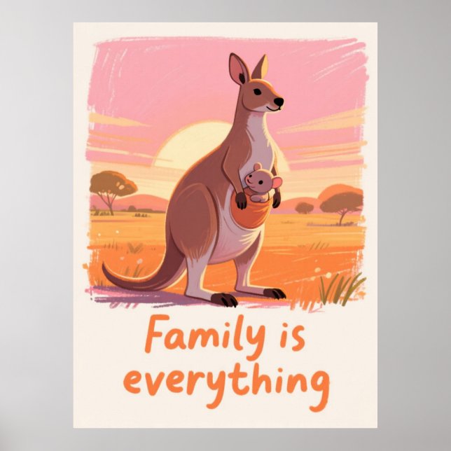 Warm Kangaroo Family Sunset Art Poster (Front)