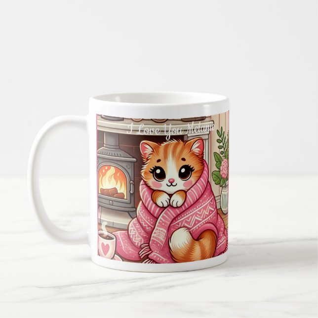 Warm Kitty In A Blanket Customizable Coffee Mug (Left)