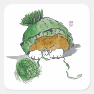 Warm Knit Cap and a Kitten Square Sticker