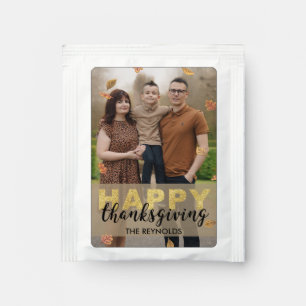 Warm Leaves Gold Script Happy Thanksgiving Photo Tea Bag Drink Mix
