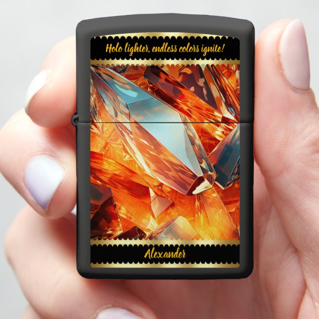 Warm Light Reflects Holographic Crystals Zippo Lighter (In Hand)