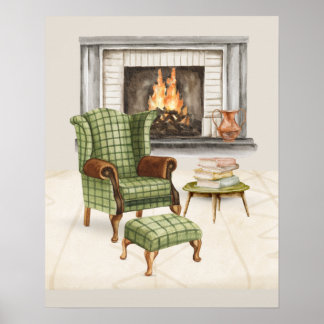 Warm Living Room Scene with Green Chair Poster