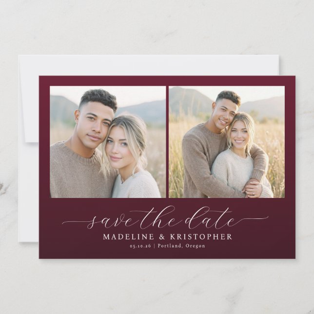 Warm Maroon Elegant Photo Collage Save The Date (Front)