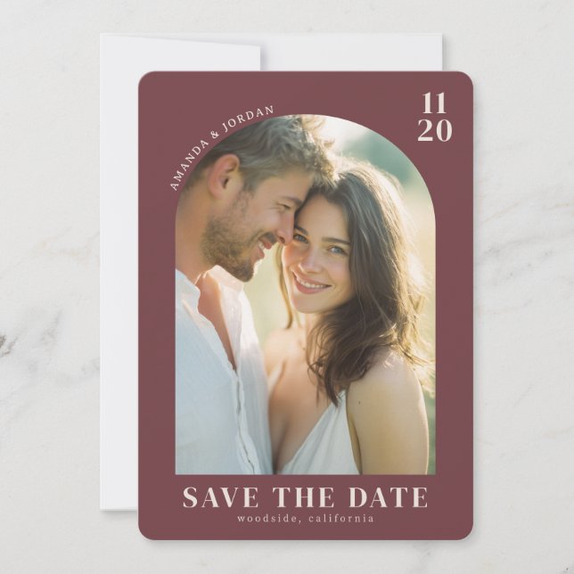 Warm Maroon Elegant Photo Save The Date (Front)