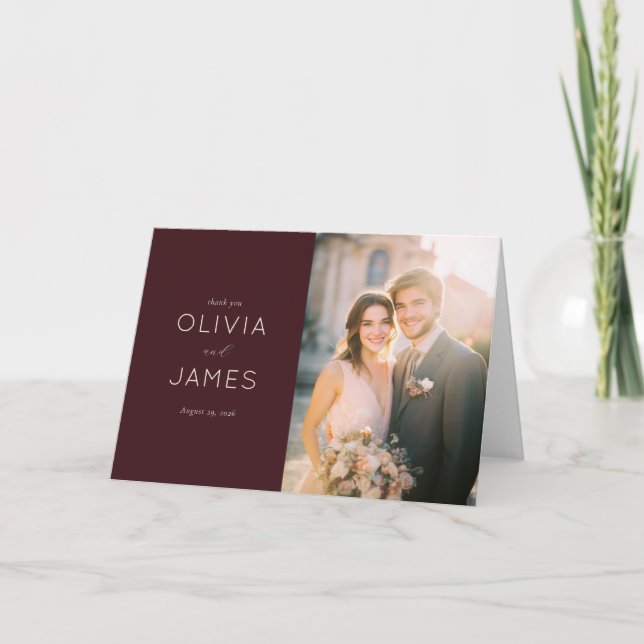 Warm Maroon Modern Photo Letterpress Thank You Card (Front)