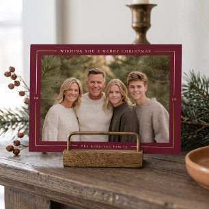 Warm Minimal Christmas Photo - Burgandy Foil Holiday Card