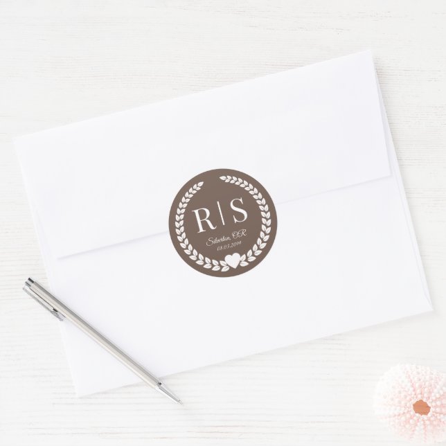 Warm Mocha Brown Wedding Monogram Initials Classic Round Sticker (Envelope)