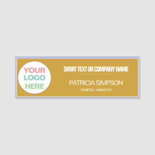 Warm Mustard Yellow White Text Blue Border Logo Name Tag