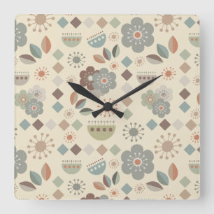 Warm Nature Flowers Mid Century Modern Pattern Square Wall Clock