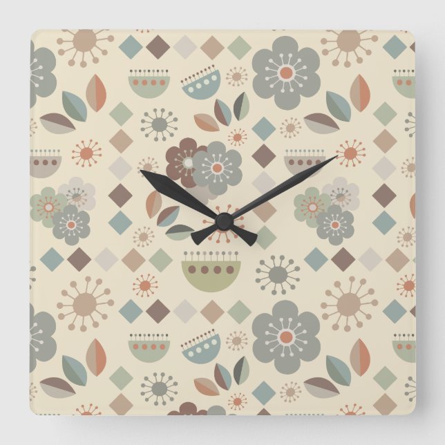 Warm Nature Flowers Mid Century Modern Pattern Square Wall Clock (Front)