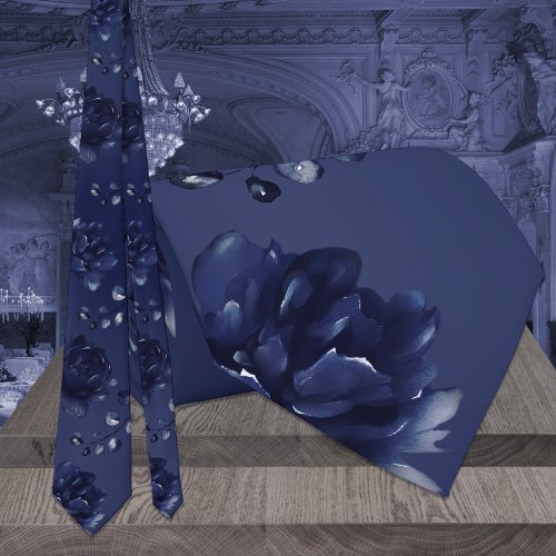 Warm Navy Blue Peony Eucalyptus Wedding Neck Tie