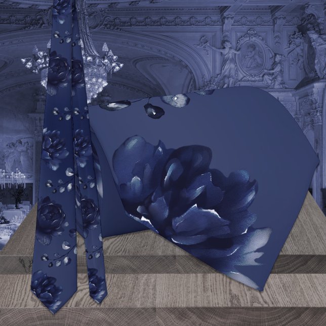 Warm Navy Blue Peony Eucalyptus Wedding Neck Tie (Creator Uploaded)